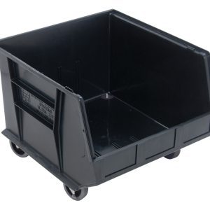 The Quantum Bin is a black, stackable and hangable plastic bin measuring 16-1/2W x 18D x 14H with divider slots, a rear hanger, molded-in label holder, anti-slide lock, and casters for easy transport. Its designed with front/back/side grips and is perfect for industrial or commercial use. Made in the USA.