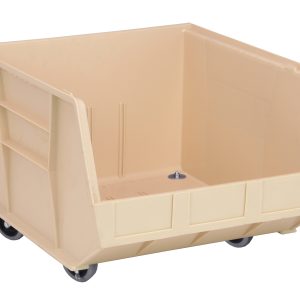 The Quantum Bin is an ivory polypropylene storage solution, measuring 16-1/2W x 18D x 14H, featuring grips on all sides, an anti-slide lock, three divider slots, a rear hanger, and a molded label holder. It smoothly rolls on four 3 swivel casters. Made in the USA.