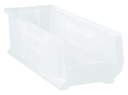 QUS950CL.jpg Introducing the Quantum Hulk 24 Container: a clear, stackable polypropylene bin sized at 23-7/8L x 8-1/4W x 7H. Made in the USA, it features reinforced edges and an open top with slightly tapered sides for enhanced durability.