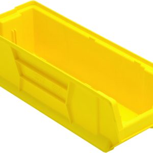 Introducing the Quantum Hulk 24 Container, measuring 23-7/8L x 8-1/4W x 7H. Crafted from durable polypropylene, this bright yellow storage bin features an open front and reinforced sides. Stackable and proudly made in the USA, it combines superior stability with quality craftsmanship.
