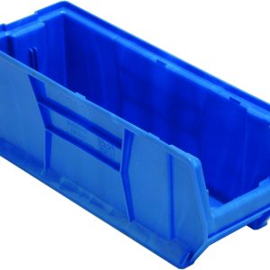The Quantum Hulk 24 Container, stackable and made of blue polypropylene, features an open front for easy access, reinforced sides, and a slightly sloped interior, measuring 23-7/8L x 8-1/4W x 9H. Made in the USA.