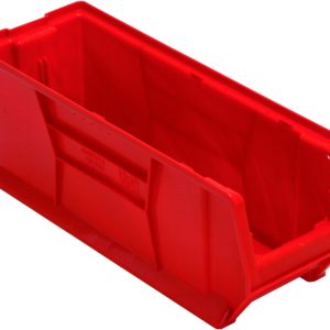 The Quantum Hulk 24 Container, measuring 23-7/8L x 8-1/4W x 9H, is a stackable, red polypropylene bin with an open front and solid sides for efficient organization. It features reinforced edges and a smooth surface, making it ideal for stacking or shelf placement. Made in the USA.