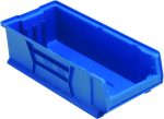 The Quantum Hulk 24 Container in blue is crafted from durable polypropylene, made in the USA, and features reinforced sides, a label holder, and slotted grooves for organized stacking. Its 23-7/8L x 11W x 7H dimensions make it ideal for optimizing any space.