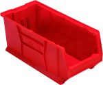 The Quantum Hulk 24 Container, made in the USA, is a stackable red polypropylene storage bin measuring 23-7/8L x 11W x 10H. It features an open front and a sturdy rectangular design, ideal for organizing and storing items.