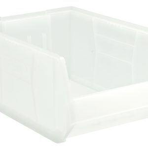 The Quantum Hulk 24 Container is a clear, polypropylene storage bin, measuring 23-7/8L x 16-1/2W x 11H, with an open front and reinforced edges for easy access and efficient organization of small items. Made in the USA.