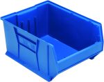 The Quantum Hulk 24 Container is a blue polypropylene bin with a partially open front for easy access, designed for convenience. Its smooth surface and sturdy build make it perfect for organizing items, and its stackable at 23-7/8L x 18-1/4W x 12H. Made in the USA.