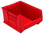 The Quantum Hulk 24 Container is a red, stackable polypropylene storage bin with dimensions 23-7/8L x 18-1/4W x 12H. Made in the USA, it features an open front for easy access, reinforced sides, and a slightly textured finish for efficient organization and storage.