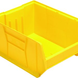 The Quantum Hulk 24 Container is a yellow, stackable polypropylene bin made in the USA. It measures 23-7/8L x 18-1/4W x 12H and features an open front, raised sides for organization, and smooth reinforced ridges.
