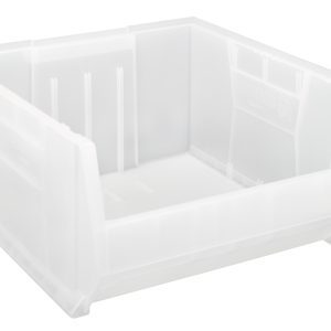 The Quantum Hulk 24 Container is a clear, stackable polypropylene storage bin with raised handles for easy organization. It measures 23-7/8L x 22-1/2W x 12H and is made in the USA.