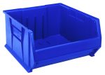 A stackable blue storage bin with high sides and a rectangular front opening, featuring vertical grooves on the back wall. This sturdy polypropylene design is ideal for organizing belongings, as reliable as the Quantum Hulk 24 Container.