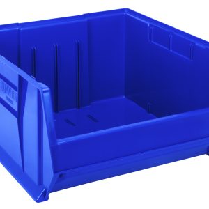 A stackable blue storage bin with high sides and a rectangular front opening, featuring vertical grooves on the back wall. This sturdy polypropylene design is ideal for organizing belongings, as reliable as the Quantum Hulk 24 Container.