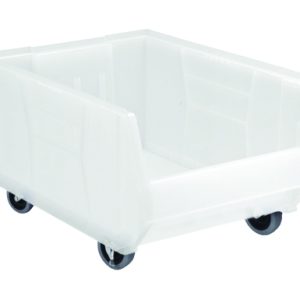 The Quantum Hulk 24 Container is a clear, rectangular polypropylene bin measuring 23-7/8L x 16-1/2W x 14H. This mobile and stackable container is made in the USA and sits on four black wheels, featuring a partially open front for easy access.
