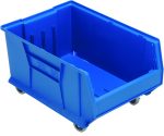 The Quantum Hulk 24 Mobile Container, made in the USA from durable blue polypropylene, is 23-7/8L x 16-1/2W x 14H. It features a stackable design with high sides, four small wheels, and an open front for easy access.