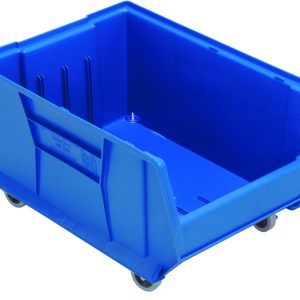 The Quantum Hulk 24 Mobile Container, made in the USA from durable blue polypropylene, is 23-7/8L x 16-1/2W x 14H. It features a stackable design with high sides, four small wheels, and an open front for easy access.