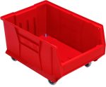 The Quantum Hulk 24 Container is a mobile, stackable, red polypropylene bin measuring 23-7/8L x 16-1/2W x 14H. Made in the USA, it features four wheels and a ribbed design for enhanced strength and durability with an open top for easy access.