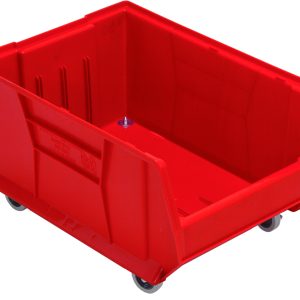 The Quantum Hulk 24 Container is a mobile, stackable, red polypropylene bin measuring 23-7/8L x 16-1/2W x 14H. Made in the USA, it features four wheels and a ribbed design for enhanced strength and durability with an open top for easy access.