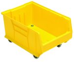 The Quantum Hulk 24 Container, a mobile and stackable yellow polypropylene bin made in the USA (23-7/8L x 16-1/2W x 14H), sits on a plain white background. Its open top and reinforced sides guarantee durability, even when wheeled around. Currently empty, its ready for use.