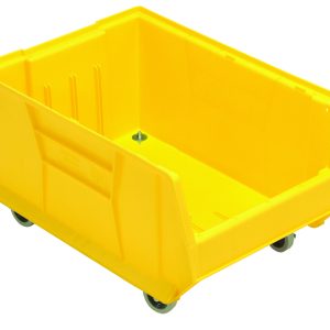 The Quantum Hulk 24 Container, a mobile and stackable yellow polypropylene bin made in the USA (23-7/8L x 16-1/2W x 14H), sits on a plain white background. Its open top and reinforced sides guarantee durability, even when wheeled around. Currently empty, its ready for use.