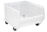 The Quantum Hulk 24 Container is a clear polypropylene storage bin, measuring 23-7/8L x 18-1/4W x 15H, designed for mobility with four small wheels and an open top/front. It has reinforced edges for stacking, keeping contents hidden. Made in the USA.
