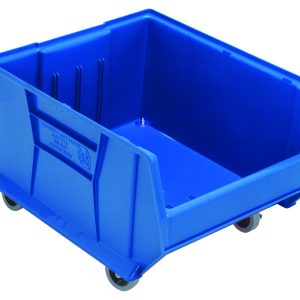 The Quantum Hulk 24 Container is a mobile, stackable blue polypropylene bin, measuring 23-7/8L x 18-1/4W x 15H. It features an open top, four small wheels for convenience, reinforced sides, and a slightly angled front edge for easy access. Made in the USA.