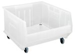 The Quantum Hulk 24 is a translucent, stackable, rectangular polypropylene container made in the USA, measuring 23-7/8L x 22-1/2W x 15H, with four caster wheels for mobility and featuring high sides and an open top for easy access and efficient storage.