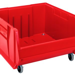 The Quantum Hulk 24 Container is a large, red, stackable polypropylene bin with four wheels for easy mobility. Measuring 23-7/8L x 22-1/2W x 15H, it features vertical ridges for enhanced support and effortless access. Made in the USA.