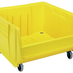 Introducing the Quantum Hulk 24 Container: a stackable yellow polypropylene bin on wheels, measuring 23-7/8L x 22-1/2W x 15H. It features an open top and partial front access with raised sides and a reinforced base for durability. Made in the USA.