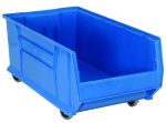 The Quantum Hulk 30 Container is a mobile, stackable blue storage bin with an open front and four small wheels. Made in the USA from polypropylene, it measures 29-7/8L x 16-1/2W x 14H for versatile organizing.