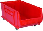 The Quantum Hulk 30 Container is a stackable, red polypropylene storage bin with dimensions of 29-7/8L x 16-1/2W x 14H. Made in the USA, it features an open front and four small wheels for easy mobility, making it perfect for organizing or transporting items.