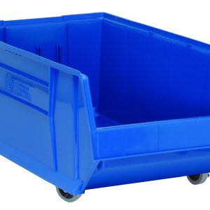 The Quantum Hulk 30 Container is a blue, mobile polypropylene storage bin made in the USA. Its stackable with an open top and lower front edge for easy access, featuring solid sides without visible handles, ideal for organizing your space.