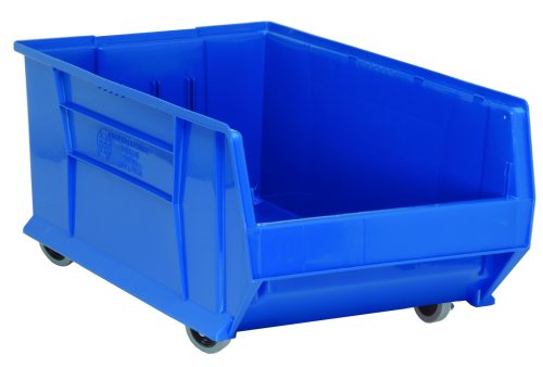 QUS985MOB_BL.jpg The Quantum Hulk 30 Container is a blue, mobile polypropylene storage bin made in the USA. Its stackable with an open top and lower front edge for easy access, featuring solid sides without visible handles, ideal for organizing your space.