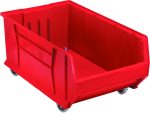 The Quantum Hulk 30 Container is a spacious, stackable red storage bin made in the USA. Measuring 29-7/8L x 18-1/4W x 15H, it features open tops, cutout handles, four wheels for mobility, and vertical grooves on the sides for versatile polypropylene storage.