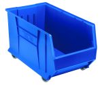 The Quantum Hulk 30 Blue Container, made in the USA from polypropylene, features an open front and four small wheels for easy mobility. Its stackable design ensures efficient item organization and transport within a compact 29-7/8L x 16-1/2W x 18H frame.