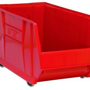 The Quantum Hulk 30 Container is a spacious red bin with four small wheels, measuring 29-7/8L x 16-1/2W x 18H. Made of durable polypropylene in the USA, it features an open front for easy access, ideal for organizing and stacking items effortlessly.