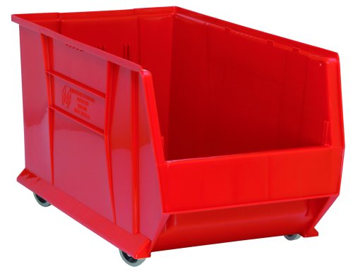 QUS986MOB_RD.jpg The Quantum Hulk 30 Container is a spacious red bin with four small wheels, measuring 29-7/8L x 16-1/2W x 18H. Made of durable polypropylene in the USA, it features an open front for easy access, ideal for organizing and stacking items effortlessly.