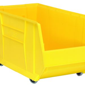 The Quantum Hulk 30 Mobile Container, stackable and made in the USA from yellow polypropylene, features an open front for easy access, reinforced sides, a textured surface, small wheels for mobility, and measures 29-7/8L x 16-1/2W x 18H.