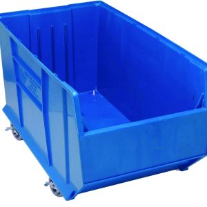 The Quantum Hulk 36 Container is a blue polypropylene utility bin on four wheels with smooth surfaces and reinforced edges. Its open front allows easy access, and its stackable for convenient storage or transport of goods. Dimensions: 35-7/8L x 19-7/8W x 20-1/2H. Made in USA.