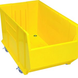 The Quantum Hulk 36 Container is a large, yellow, stackable polypropylene storage bin with an open top and four swivel casters for easy mobility. With empty interiors, its reinforced sides and smooth finish ensure durability.