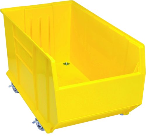 QUS996MOB_YL.jpg The Quantum Hulk 36 Container is a large, yellow, stackable polypropylene storage bin with an open top and four swivel casters for easy mobility. With empty interiors, its reinforced sides and smooth finish ensure durability.