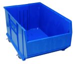 The Quantum Hulk 36 Container is a large blue polypropylene bin with an open top and slanted front, set on four wheels for mobility. Its stackable design, dimensions of 35-7/8L x 23-7/8W x 20-1/2H, optimizes storage space efficiently and is made in the USA.