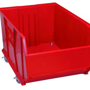 The Quantum Hulk 36 Container is a red polypropylene bin with an open top and grooved sides. Measuring 35-7/8L x 23-7/8W x 20-1/2H, its mobile and stackable, ideal for efficient item transport. Made in the USA.
