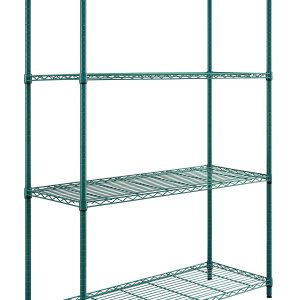 The Quantum Convenient Shelving Unit Pack features a freestanding 4-tier design with green epoxy antimicrobial finish, measuring 30W x 18D x 72H. Includes (4) wire shelves, (4) posts, and split sleeves, holding up to 300 lbs per shelf. NSF certified and ideal for any spaces storage needs.