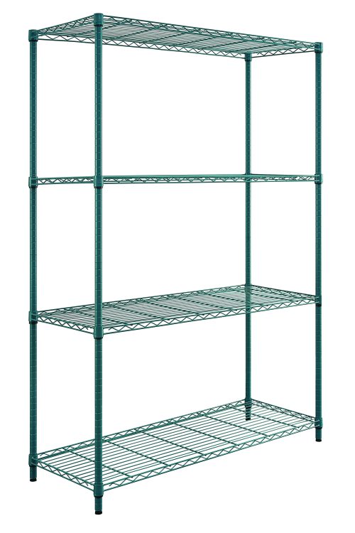The Quantum Convenient Shelving Unit Pack features a freestanding 4-tier design with green epoxy antimicrobial finish, measuring 30W x 18D x 72H. Includes (4) wire shelves, (4) posts, and split sleeves, holding up to 300 lbs per shelf. NSF certified and ideal for any spaces storage needs.