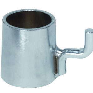 The Quantum Collar Hooks are 1/2 cup-shaped objects with a cylindrical body and a short, curved hook on the side. Made from shiny aluminum, they feature a metallic finish, are NSF certified, and come in packs of four.