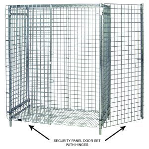 The Quantum Security Door is a metal wire cage with a chrome-plated finish, featuring an open security panel door set with hinges, designed for secure storage or containment in 36W security units.