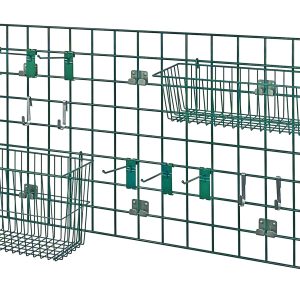 The Quantum Store Grid Light-Duty Kit includes a 48W x 24H grid panel, two baskets (17W x 7D x 5H and 17W x 7D x 10H), (6) 6 hooks, (6) small hooks, and a wall mounting bracket. Features green epoxy antimicrobial finish for versatile storage against a white background.