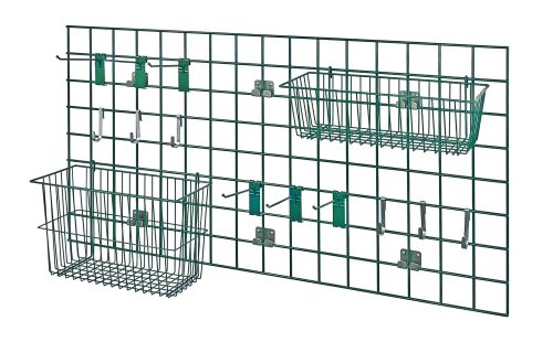 The Quantum Store Grid Light-Duty Kit includes a 48W x 24H grid panel, two baskets (17W x 7D x 5H and 17W x 7D x 10H), (6) 6 hooks, (6) small hooks, and a wall mounting bracket. Features green epoxy antimicrobial finish for versatile storage against a white background.