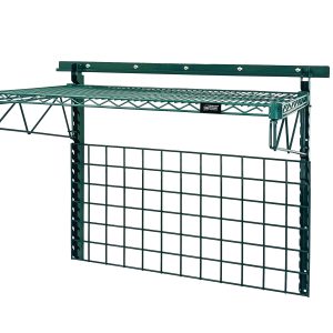 The Quantum Store Grid Medium-Duty Kit includes a green epoxy shelf (1836P) with an antimicrobial finish, featuring a 36W x 18H wire grid panel, mounted on two 31 uprights with visible screws, and supported by two 18 single cantilever arms. A front label aids in easy organization.