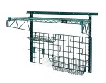 The Quantum Store Grid Medium-Duty Kit in green epoxy features a 36W x 18D shelf, various hooks, and baskets for organizing. It includes a wire mesh grid panel, wall track, cantilever arms, drying rack, and more—perfect for utility spaces. Antimicrobial finish ensures durability and hygiene.