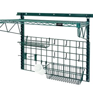 The Quantum Store Grid Medium-Duty Kit in green epoxy features a 36W x 18D shelf, various hooks, and baskets for organizing. It includes a wire mesh grid panel, wall track, cantilever arms, drying rack, and more—perfect for utility spaces. Antimicrobial finish ensures durability and hygiene.